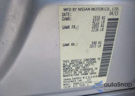 2015 Nissan Altima 2.5/2.5 S/2.5 Sl/2.5 Sv z USA, uszkodzony, nr VIN 1N4AL3AP0FC415549